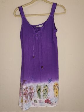 Raya Sun Purple Tie-Neck Summer Dress Cover-Up Sz Med Lightweight Cotton Beachy